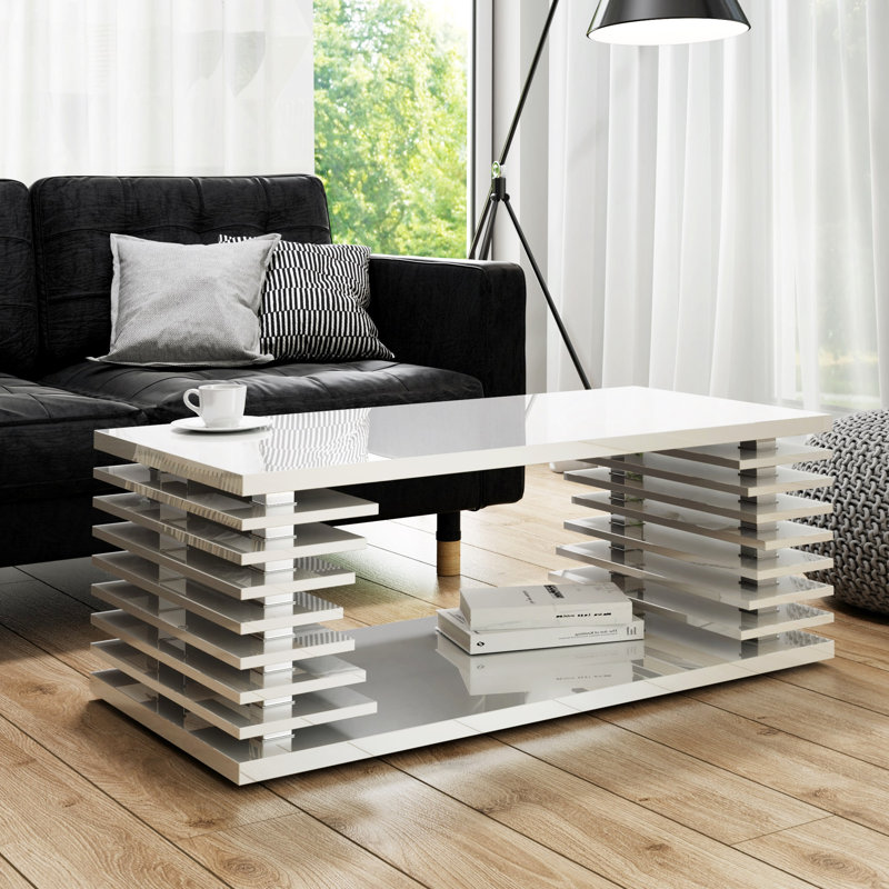 Lorenzo Floor Shelf Coffee Table with Storage, White Gloss