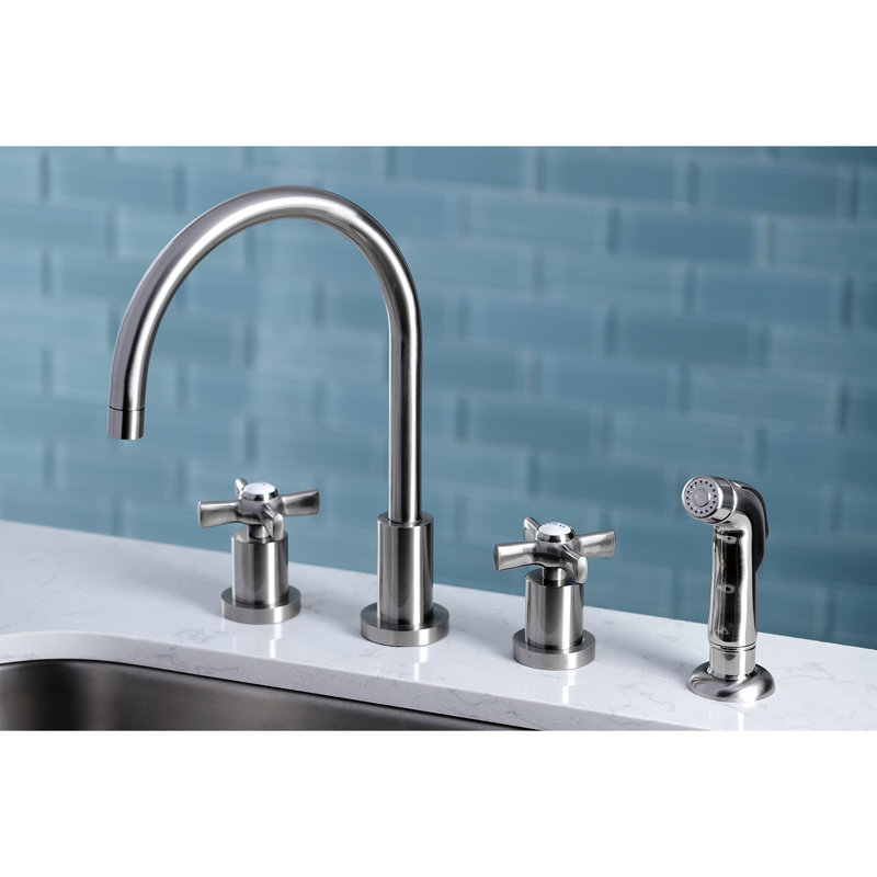 Kingston Brass Millennium Double-Handle 4-Hole Widespread Kitchen Faucet with Plastic Sprayer, Brushed Nickel