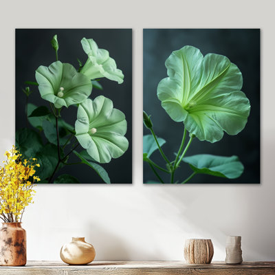 «Green Garden Meadow Morning Glory Photo I», ensemble de 2 reproductions d'art murales florales en métal