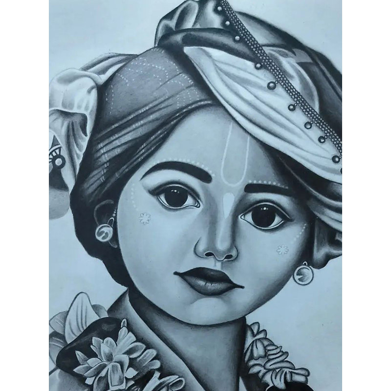 Mignon petit dessin au fusain sur papier Krishna - Art spirituel indien de 16,7 po x 11,7 po par Krutik Jangir
