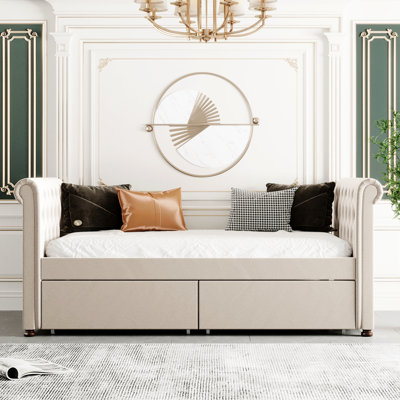Lit de jour simple beige avec rangement, fabrication en bois massif, rehausse les tiroirs fonctionnels de l'ambiance de la chambre à coucher, soutien solide et design élégant