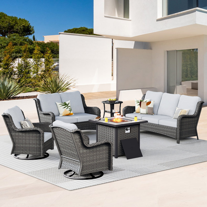 Ensemble de conversation avec foyer 6 pièces avec coussins Aschraf, Bleu denim, H 24,8 po x l 30 po x P 30 po, Gris