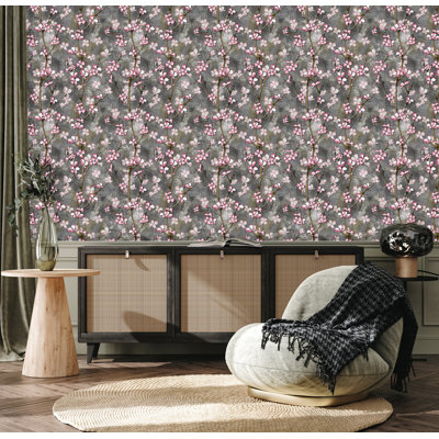 Fleurs de cerisier roses et grises, papier peint inspiré des fleurs, papier peint intemporel dimensionnel, papier peint botanique, revêtement mural inspiré des fleurs, double rouleau décoratif intérieur japonais