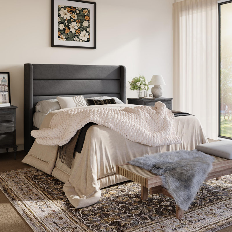 Modern Velvet Upholstered Platform Bed With Wooden Slats Wingback Headboard Included, Gray, Queen