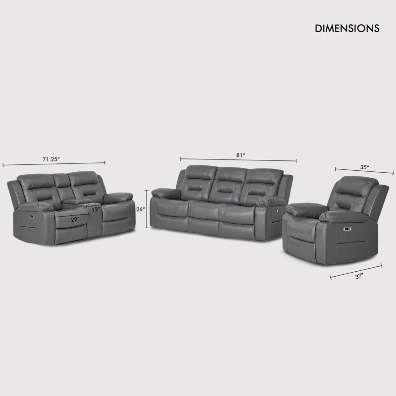 Ensemble de salon 3 pièces 5 fauteuils inclinables électriques avec console de rangement et port USB intégré, Gris