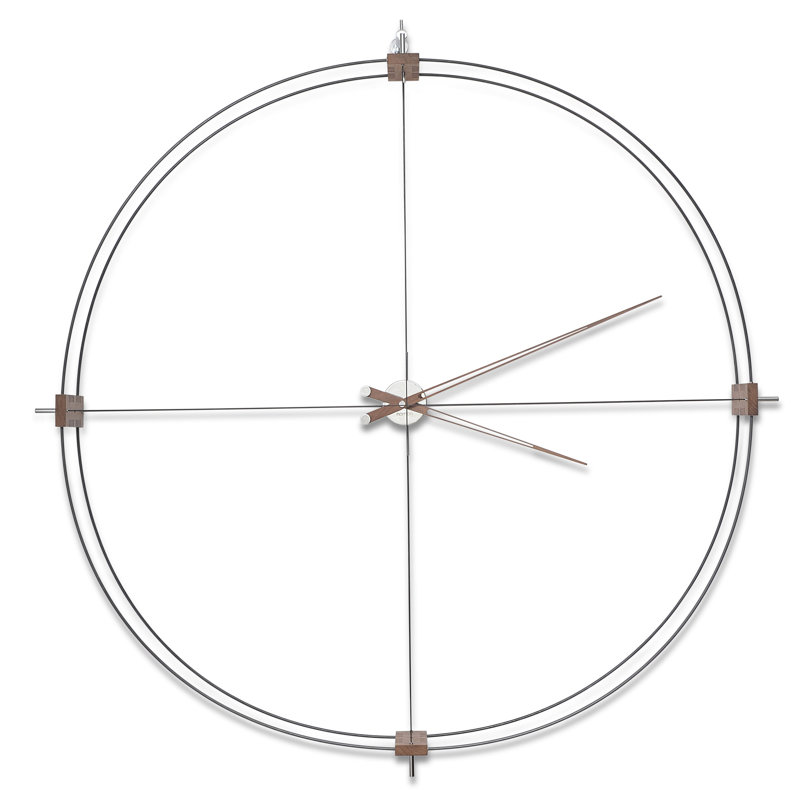 Large Black and Walnut Modern Wall Clock with Steel Mechanism