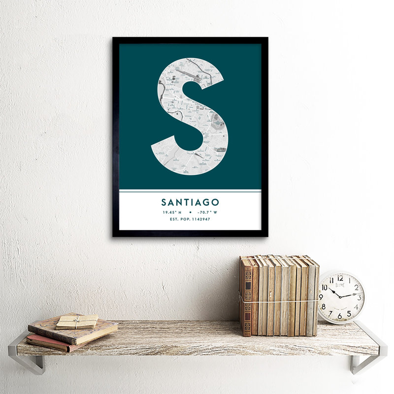 Santiago City Map Santiago Teal by Wee Blue Coo - Single Picture Frame Typography