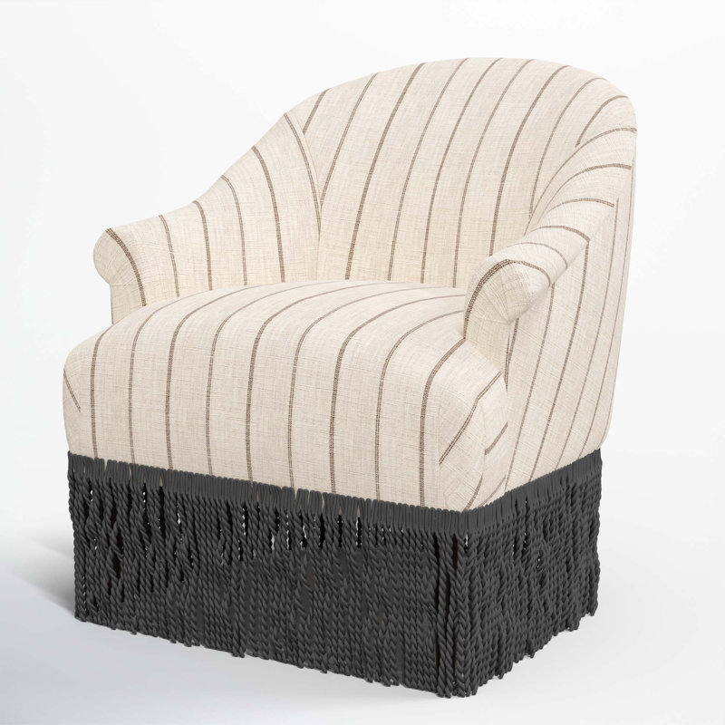 Callie Cotton Upholstered Barrel Chair with Recessed Rolled Arms and Solid Wood Legs, Black, Fritz Charcoal Stripe