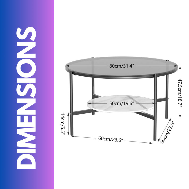 Winridge 2 Tier Round Faux Marble Glass Coffee Table Heavy Duty