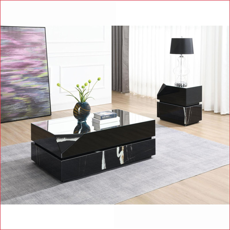 Table basse noire moderne en miroir pour le salon, bois composite robuste et amp; Verre trempé
