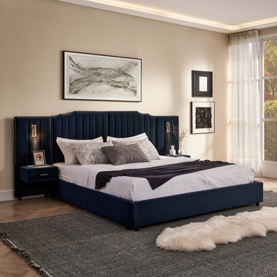 King Size Upholstered Platform Bed Frame with Velvet Fabric, Vertical Stripe Headboard, Bedside Table, Adjustable Lamp, and No-Box-Spring Design