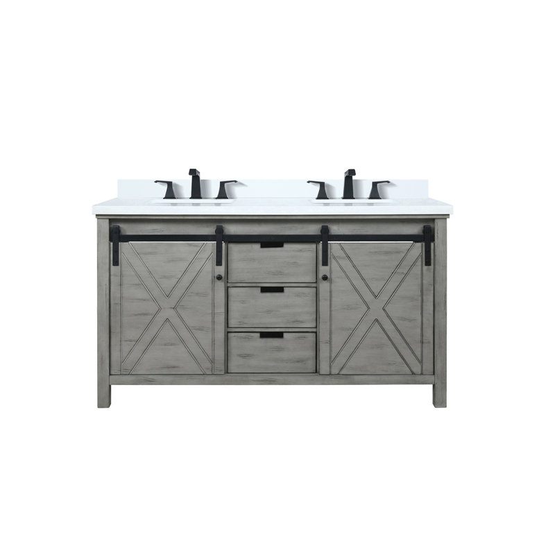 Meuble-lavabo double gris cendré 60 po X P 22 po D, ensemble de comptoir et robinet en marbre de culture, Bois de frêne gris