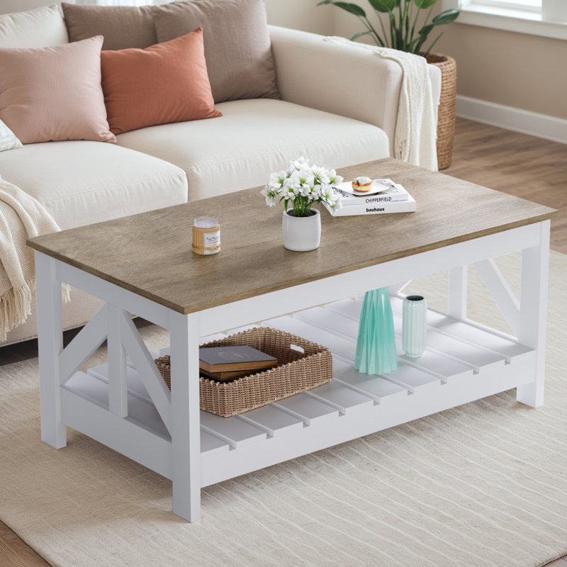Table basse 39 po rectangulaire avec rangement, Blanc, Naturel