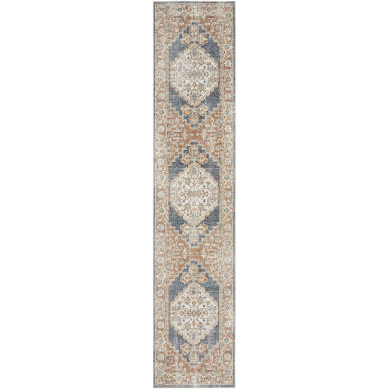 8' Denim Blue Oriental Power Loom Distressed Washable Runner Rug