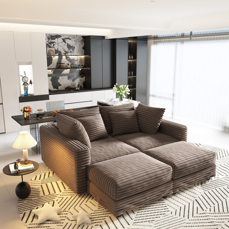 Canapés modernes moelleux en velours côtelé, spacieux fauteuil convertible à 4 places avec repose-pieds