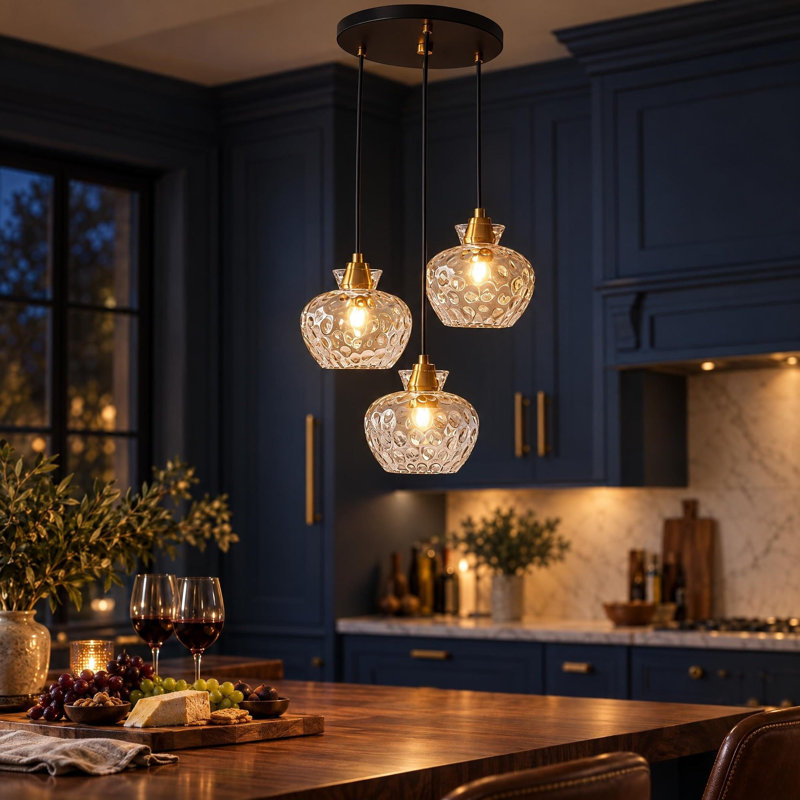 Suspension moderne à trois lumières avec abat-jour en verre ondulé pour la salle à manger et la cuisine