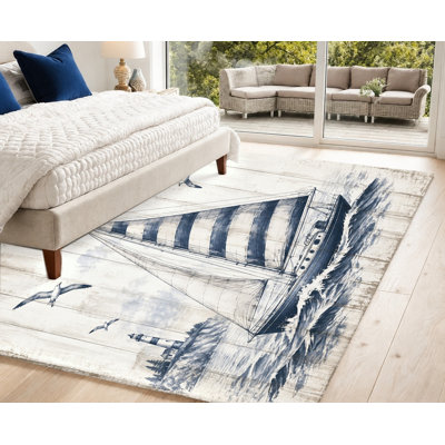 Nautical Sailing Ship Area Rug, Vintage Lighthouse Seagulls Pattern, Artistic Non-Slip Floor Carpet, Decorative Indoor Home Decor for Living Room, Bedroom, Entryway, Kitchen, Balcony