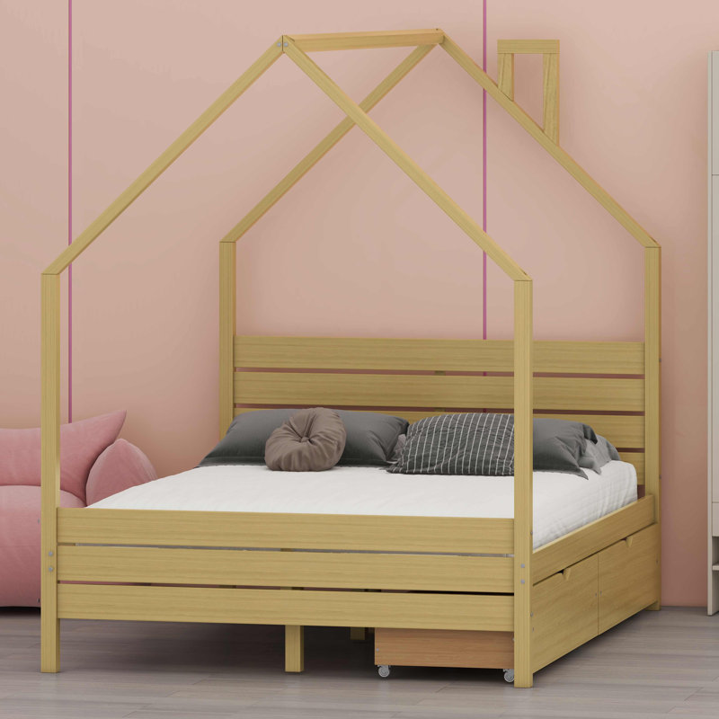 Lit en forme de maison pour enfants avec tiroirs de rangement, tête de lit et assemblage simple, Natural