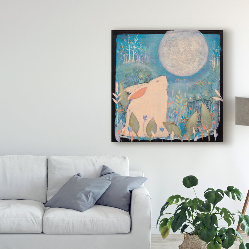 « lapin et lune », art sur toile, H 35 po x l 35 po x P 2 po