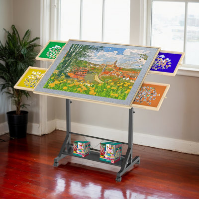 Wooden 1500 Piece Puzzle Table With Drawer, 35"*27.17" Adjustable Puzzle Table, 360° Tilting Puzzle Table With Legs And Wheels, Rolling Puzzle Table, Adjustable Height And Angle, With Protective Cover