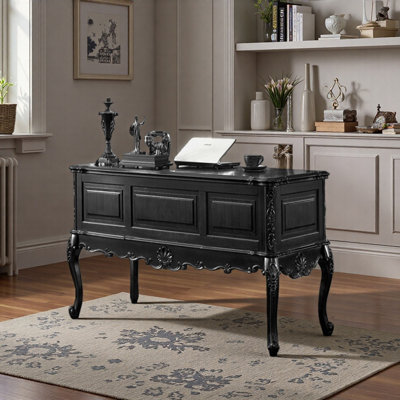 French Retro Style Black Five-drawer Writing Desk by Canora Grey