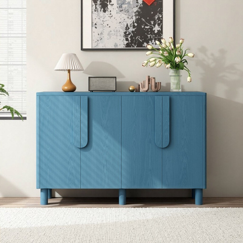 Buffet 4 portes bleu marine avec poignées arquées uniques, buffet en bois massif et panneau de fibres à densité moyenne, tablettes réglables pour le rangement de la salle à manger et du salon