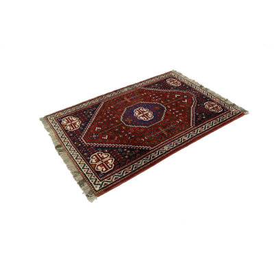 Tapis unique en laine noué à la main style Shiraz des années 2000 de 3 pi 5 po x 4 pi 11 po rouge Anothy