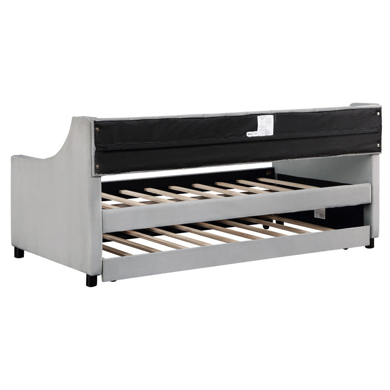 Lit de jour simple rembourré avec lit gigogne, cadre de lit en bois massif et clous en cuivre, merveilleux pour la chambre à coucher et la chambre d'amis, gris, sommier non nécessaire Forte Excellente requise
