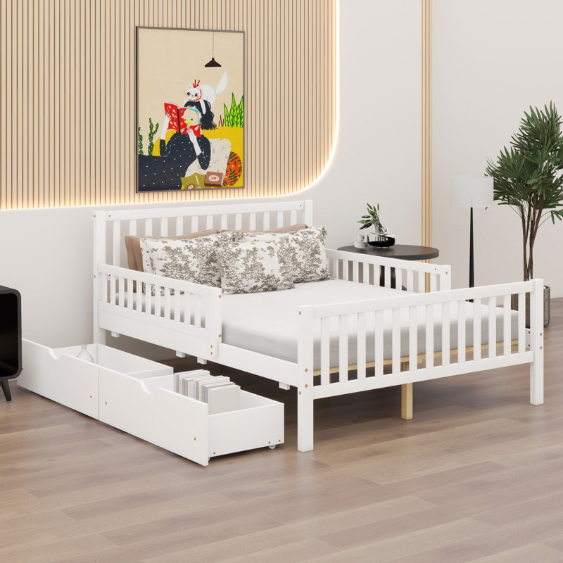 Lit plateforme en bois avec garde-corps des deux côtés et deux tiroirs de rangement, Blanc