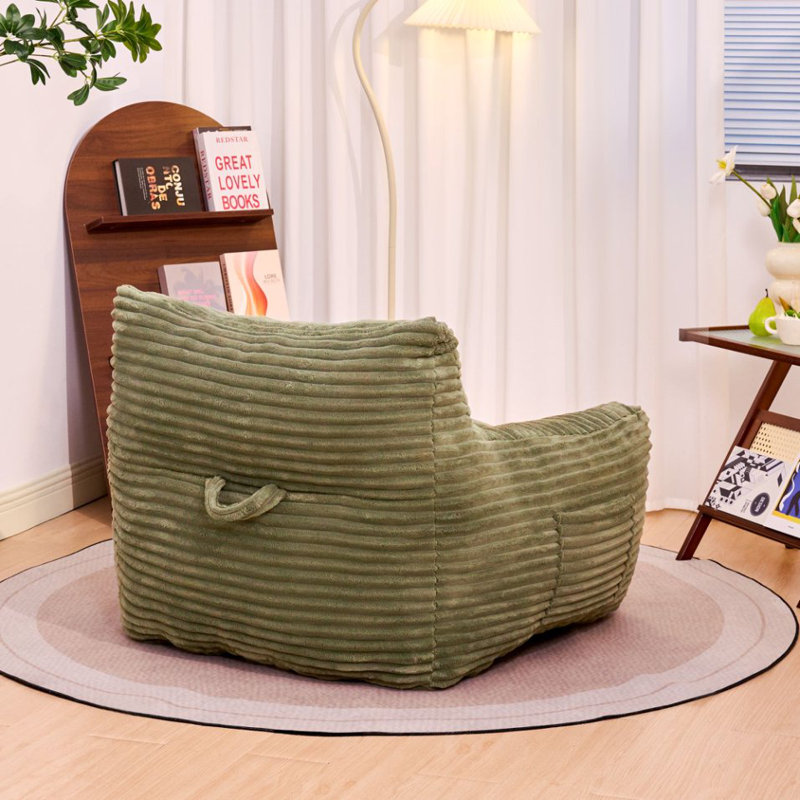Fauteuil à billes surdimensionné en velours côtelé vert avec accoudoirs - Salon confortable pour adultes, salon et chambre à coucher