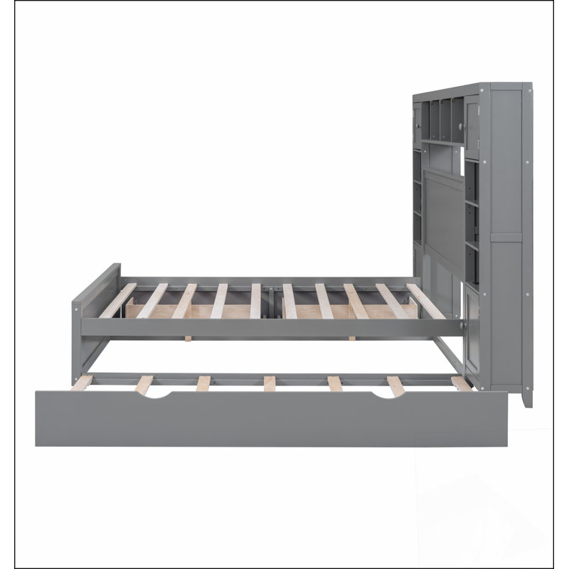 Lit double en bois avec armoire tout-en-un, tablette et prises, gris, Gris