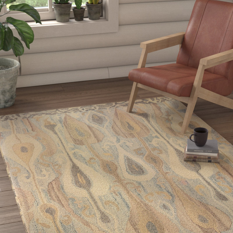 Tapis beige / vert en laine touffeté à la main à motif d'ikat Donalda, Rectangle 8 pi x 10 pi