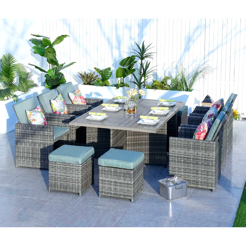 6 - Person Wicker Patio Dining Set with Rectangular Table , Cushions Included, Gray, Celadon
