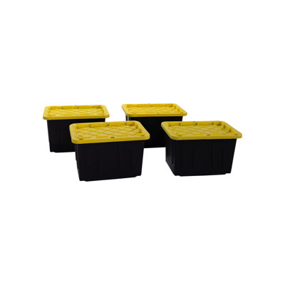 Plastic 23-Gallon Storage Tote with Lid, 4-Pack - Black/Yellow