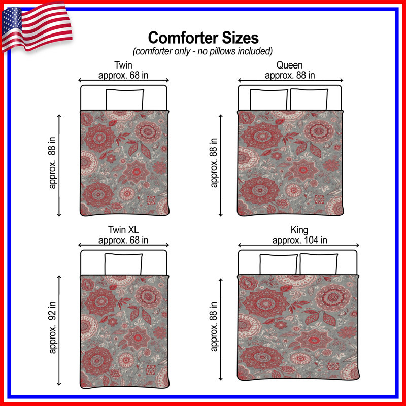 Red Gray Floral Pattern Comforter, Queen