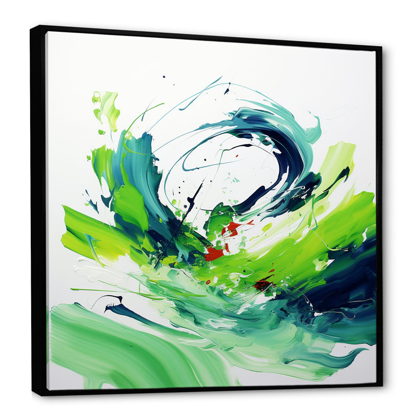 «Green Abstract Ink Expression II», art mural abstrait, Cadre flottant noir, H 30 po x l 30 po x P 1,5 po