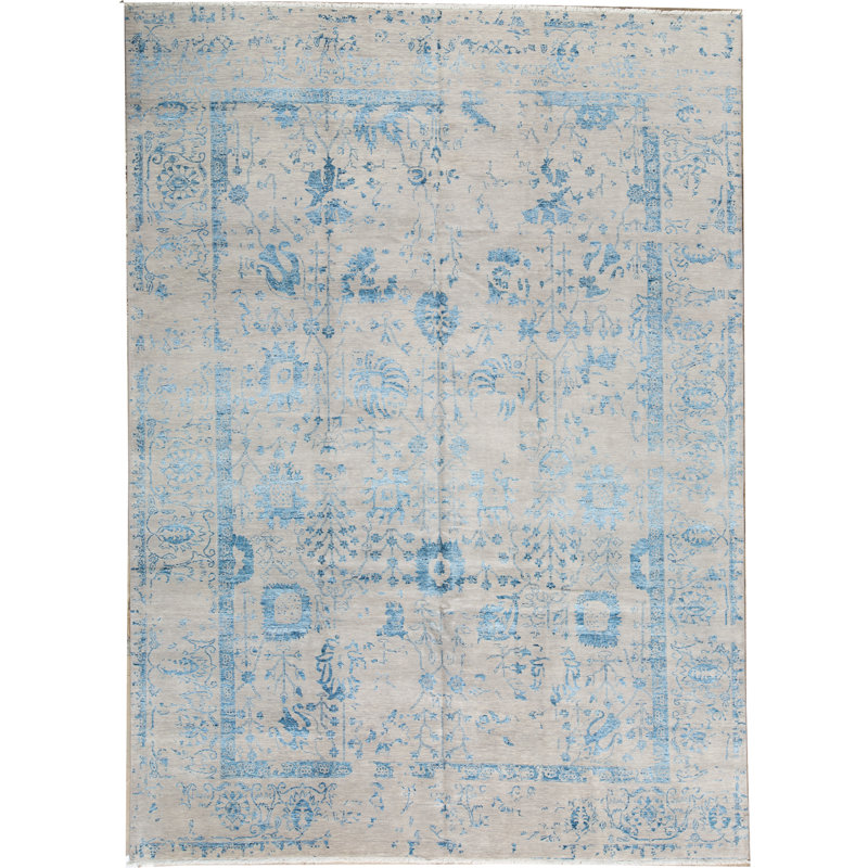 Tapis gris et bleu noué à la main de haute qualité