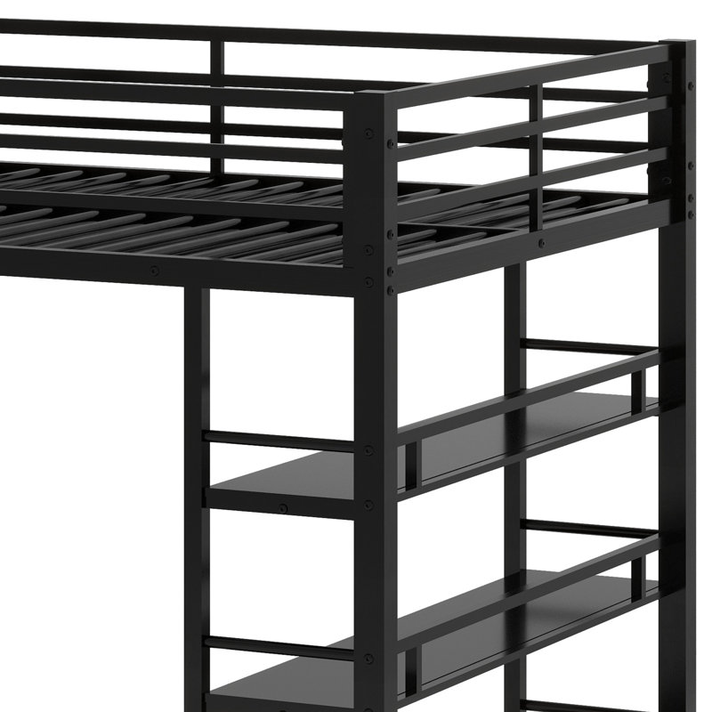 Lit mezzanine en métal avec tablettes de rangement, armoires et garde-robe