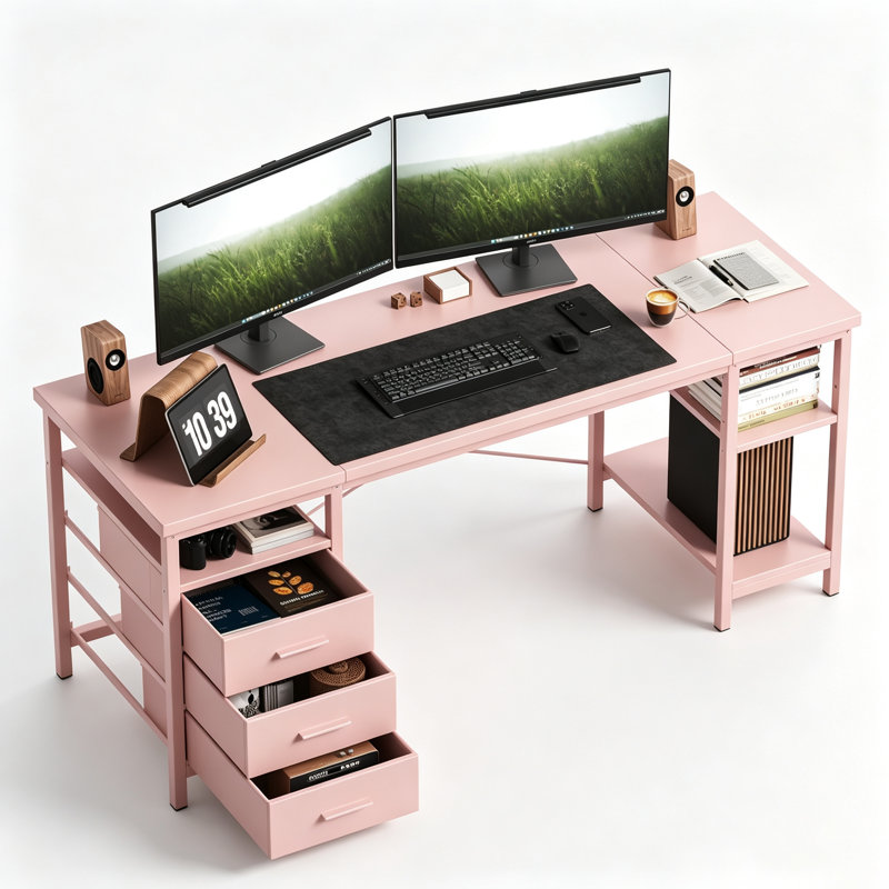 Metal Base Computer Desk, 75cm H x 140cm W x 60cm D, Pink/Pink
