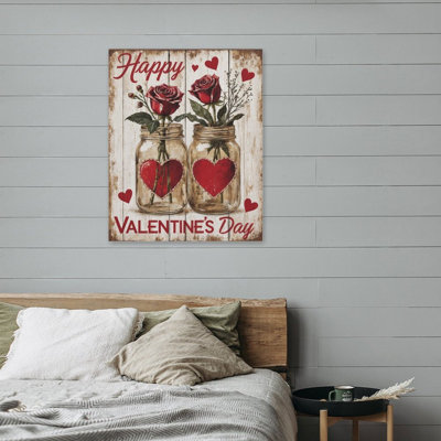 Roses rouges dans des pots Mason, cadre en bois intégré, l 16 x L 20