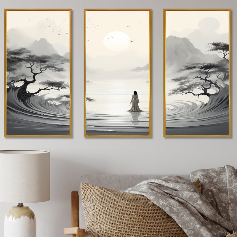 Jardin zen - ensemble d'art mural bouddhisme, Cadre flottant doré, H 28 po x l 36 po x P 1 po