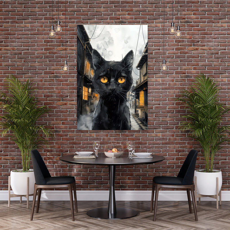 Black Cat Rainy Night Abstract Contemporary Cat Architecture City Wall Art Print 1 Piece Wrapped Canvas Wall Art