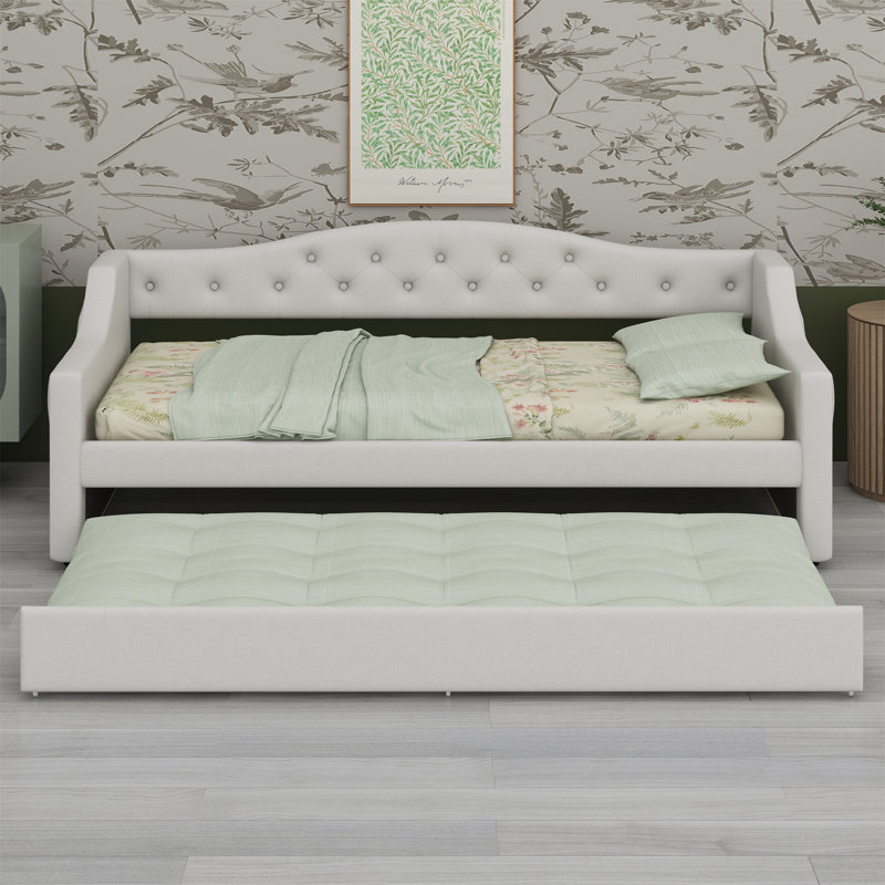 Upholstered Daybed With LED Belt And Trundle, Beige