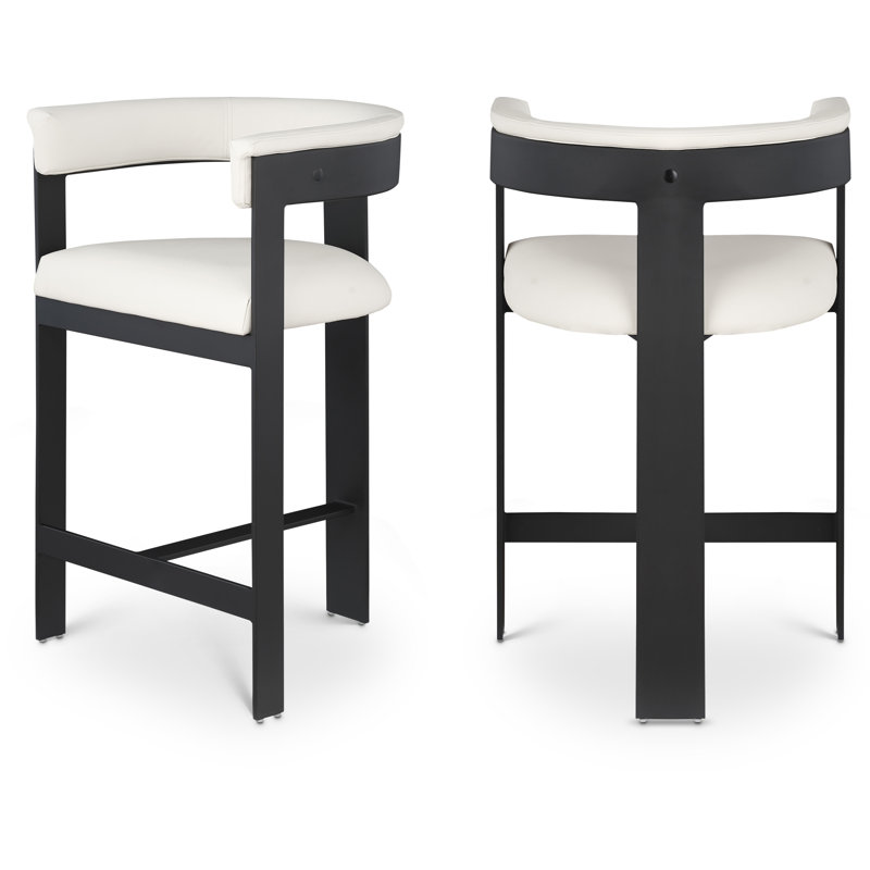 Tabouret de comptoir Romeo Hermi, Cuir crème végétalien, Thermolaquage noir mat