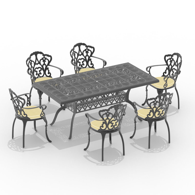 68,9 po Table de salle à manger d'extérieur rectangulaire en fonte d'aluminium avec cadre noir et trou pour parasol
