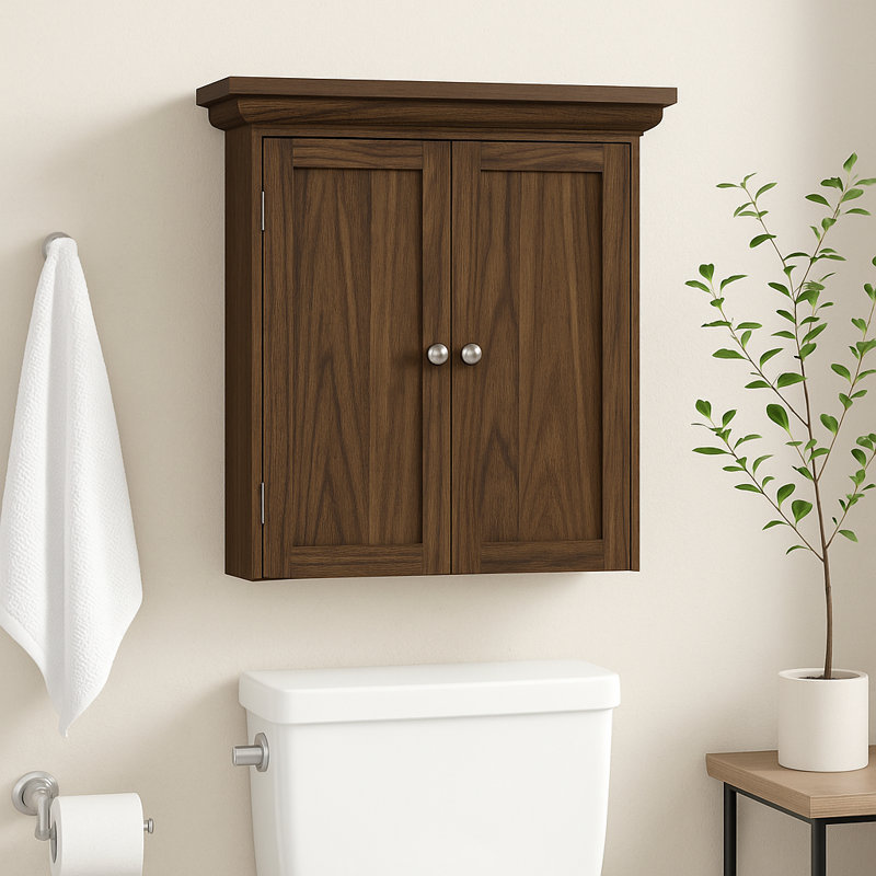 Nantwich Removable Two-Door Bathroom Wall Cabinet with Adjustable Shelves and Crown Molding, Walnut
