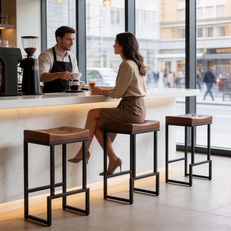 Tabouret de comptoir rembourré avec structure et repose-pieds en métal, tabouret de bar à hauteur de siège sans dossier, Brun