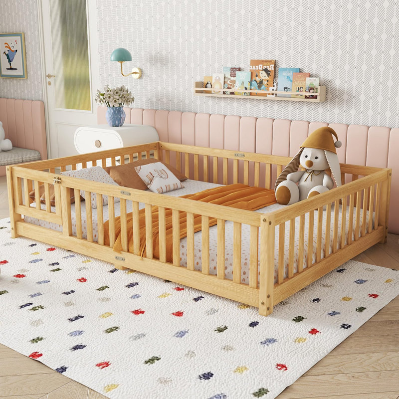 Lit double pour enfant avec garde-corps et porte de sécurité, grain de bois naturel, Lit double, Wood grain Natural