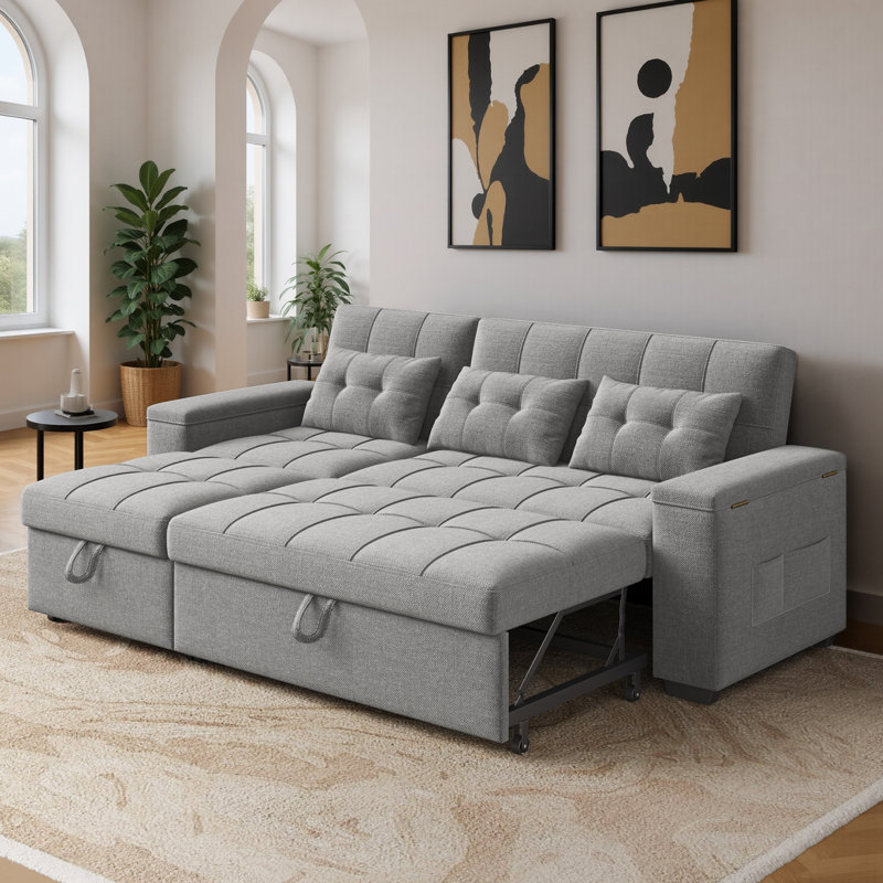 Canapé-lit rembourré avec lit escamotable et chaise longue - Accoudoirs de rangement larges et poches latérales pour le salon, la chambre à coucher ou le bureau personnel