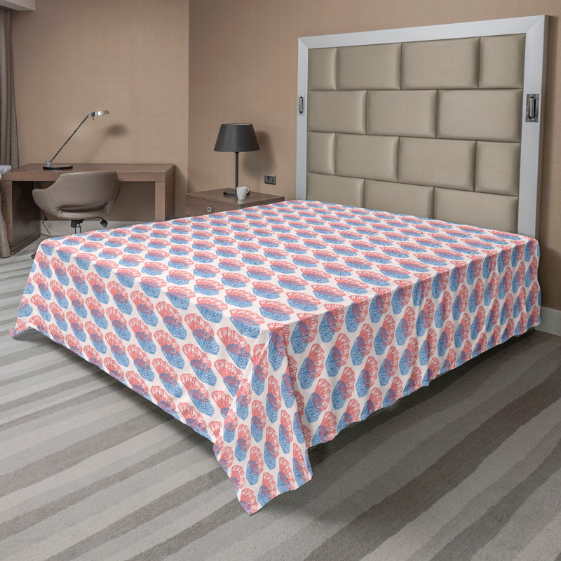 Ambesonne Maritime Top Flat Sheet Abstract Seashells Plot Queen Coral Deep Sky Blue